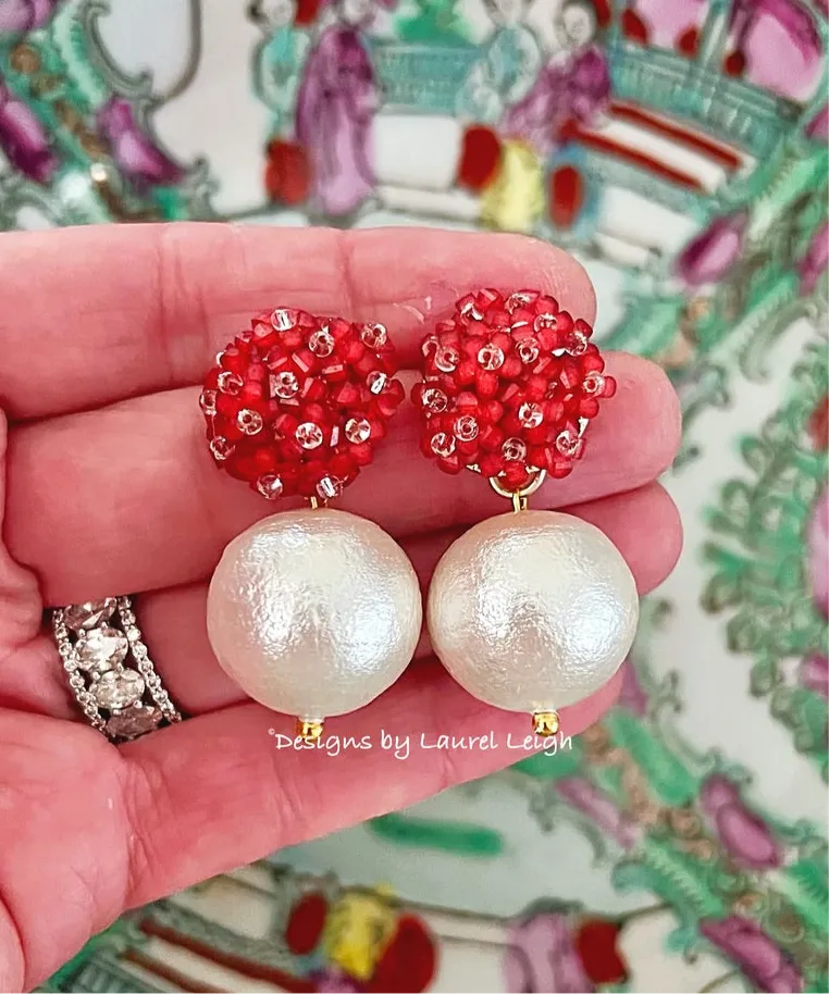 Red Hydrangea Blossom Pearl Drop Earrings