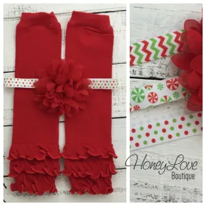 Red ruffle bottom leg warmers and choice of headband