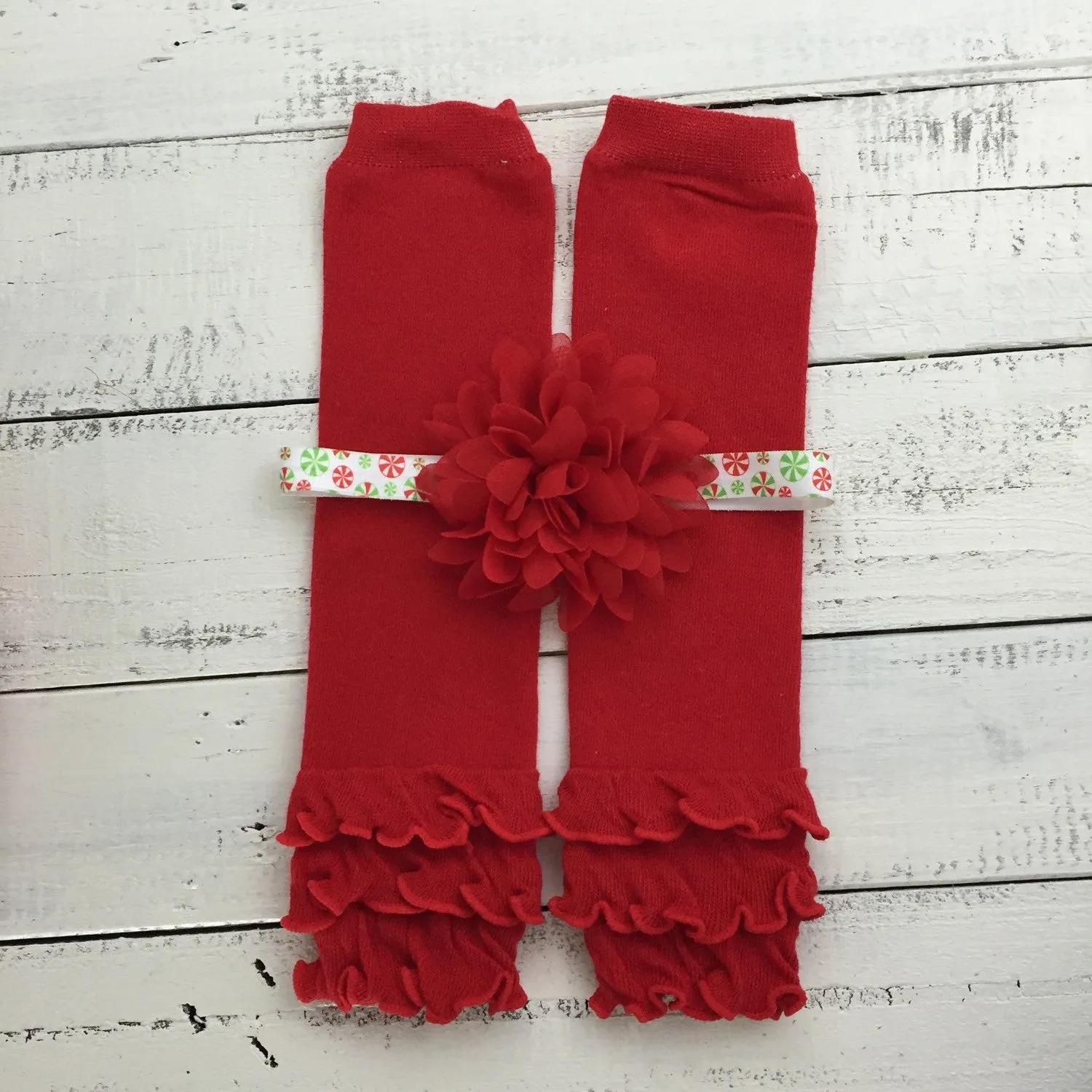 Red ruffle bottom leg warmers and choice of headband