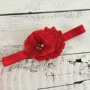 Red shabby chiffon flower rhinestone/pearl headband