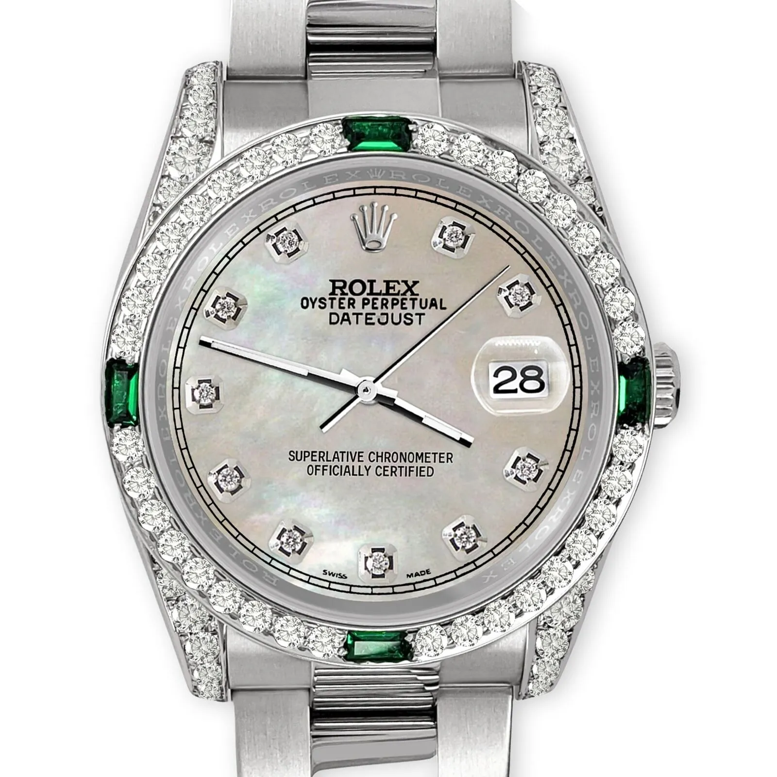 Rolex Datejust 36 Steel Watch Diamonds &amp; Emeralds Bezel/Lugs/Champagne MOP Dial TFJ-142508495