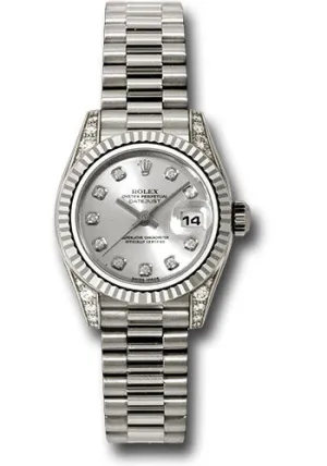 Rolex White Gold Lady-Datejust 26 Watch - Fluted Bezel - Silver Diamond Dial - President Bracelet - 179239 sdp