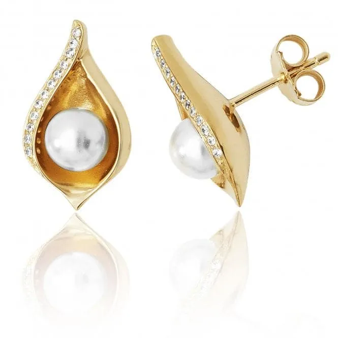 Silver & Co Shell Design Pearl CZ Stud Earrings 925 Silver 18K Gold Plated SEG0061Y