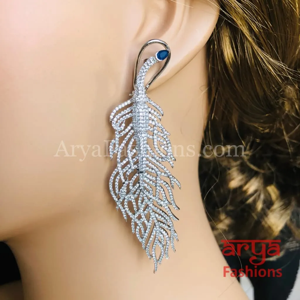 Silver Leaf CZ Cocktail Earrings / Silver Cubic Zirconia Leaf Earrings