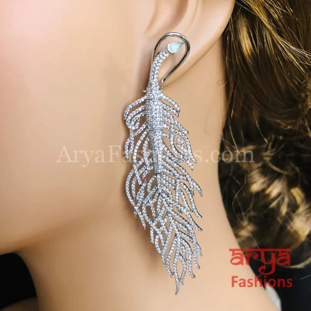 Silver Leaf CZ Cocktail Earrings / Silver Cubic Zirconia Leaf Earrings