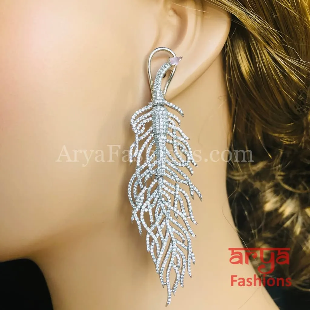 Silver Leaf CZ Cocktail Earrings / Silver Cubic Zirconia Leaf Earrings