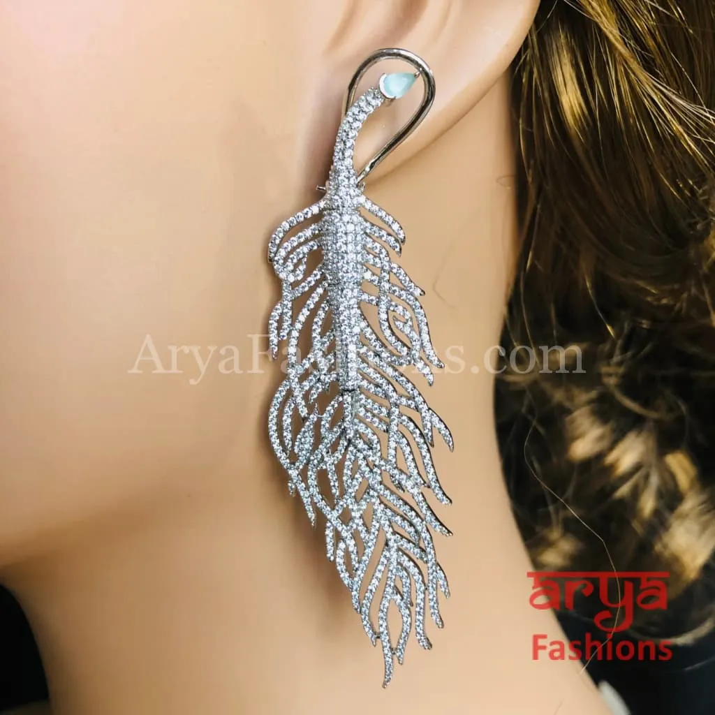 Silver Leaf CZ Cocktail Earrings / Silver Cubic Zirconia Leaf Earrings