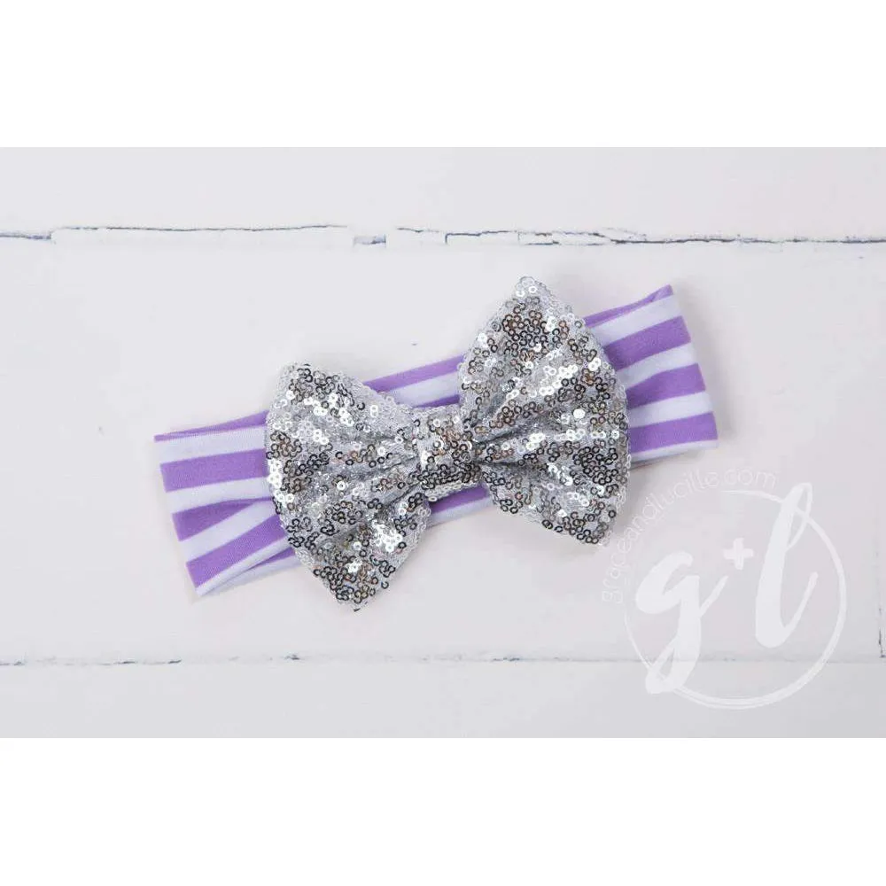 Silver Sequined Bow on Purple Striped Headband