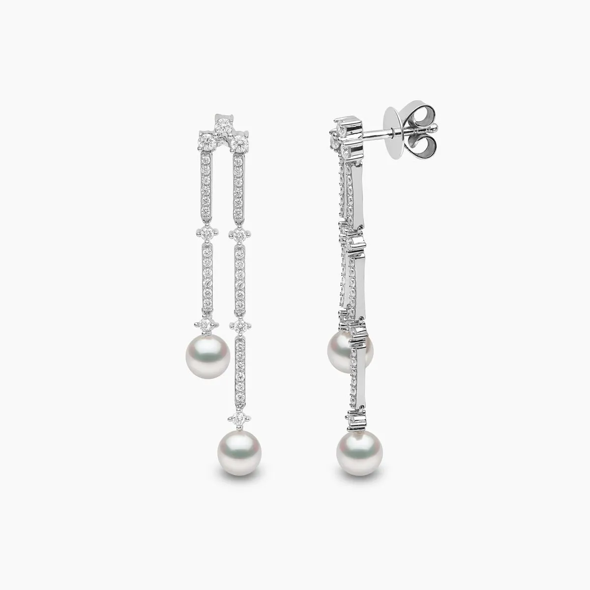 Sleek 18K Gold Akoya Pearl and Diamond Drop Earrings