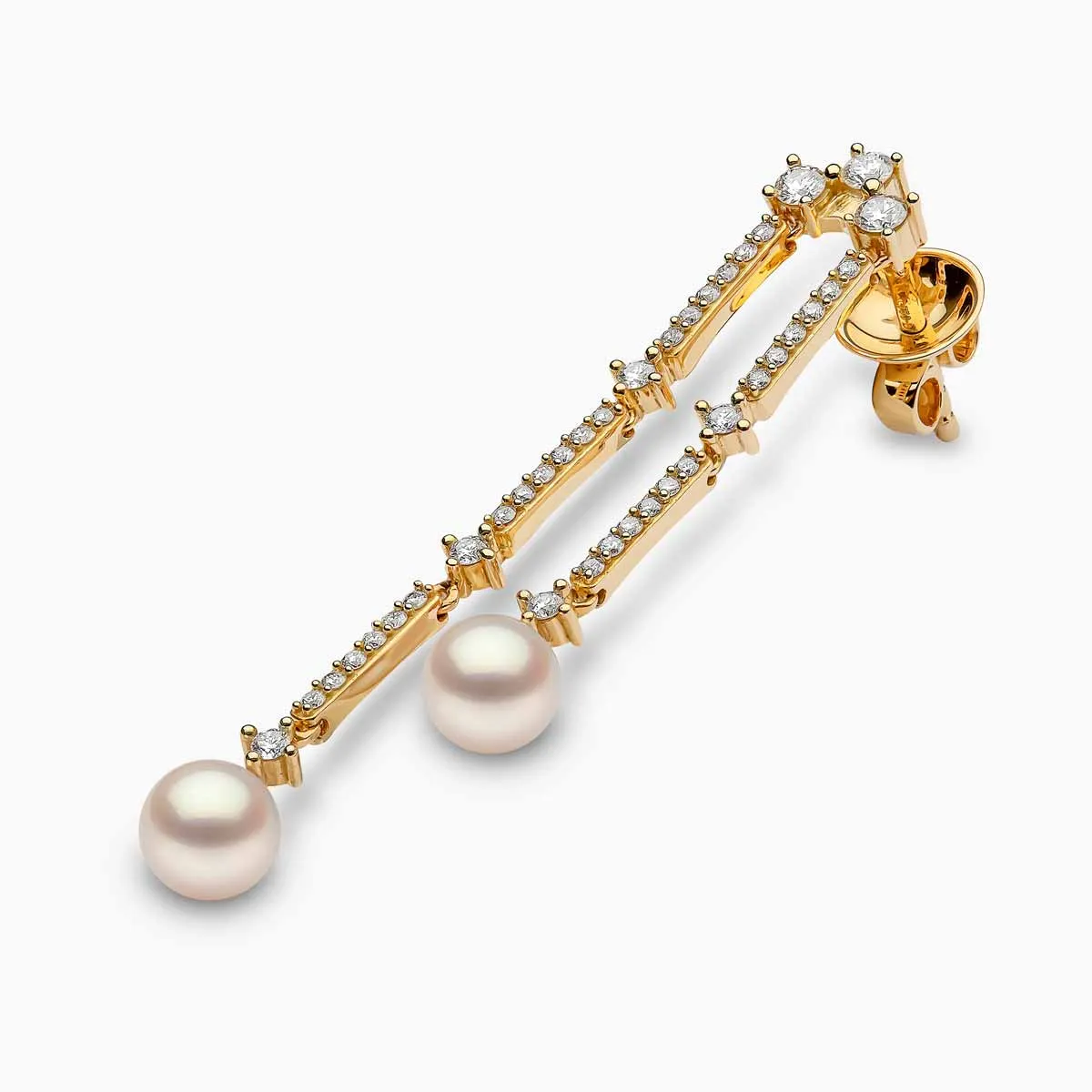 Sleek 18K Gold Akoya Pearl and Diamond Drop Earrings