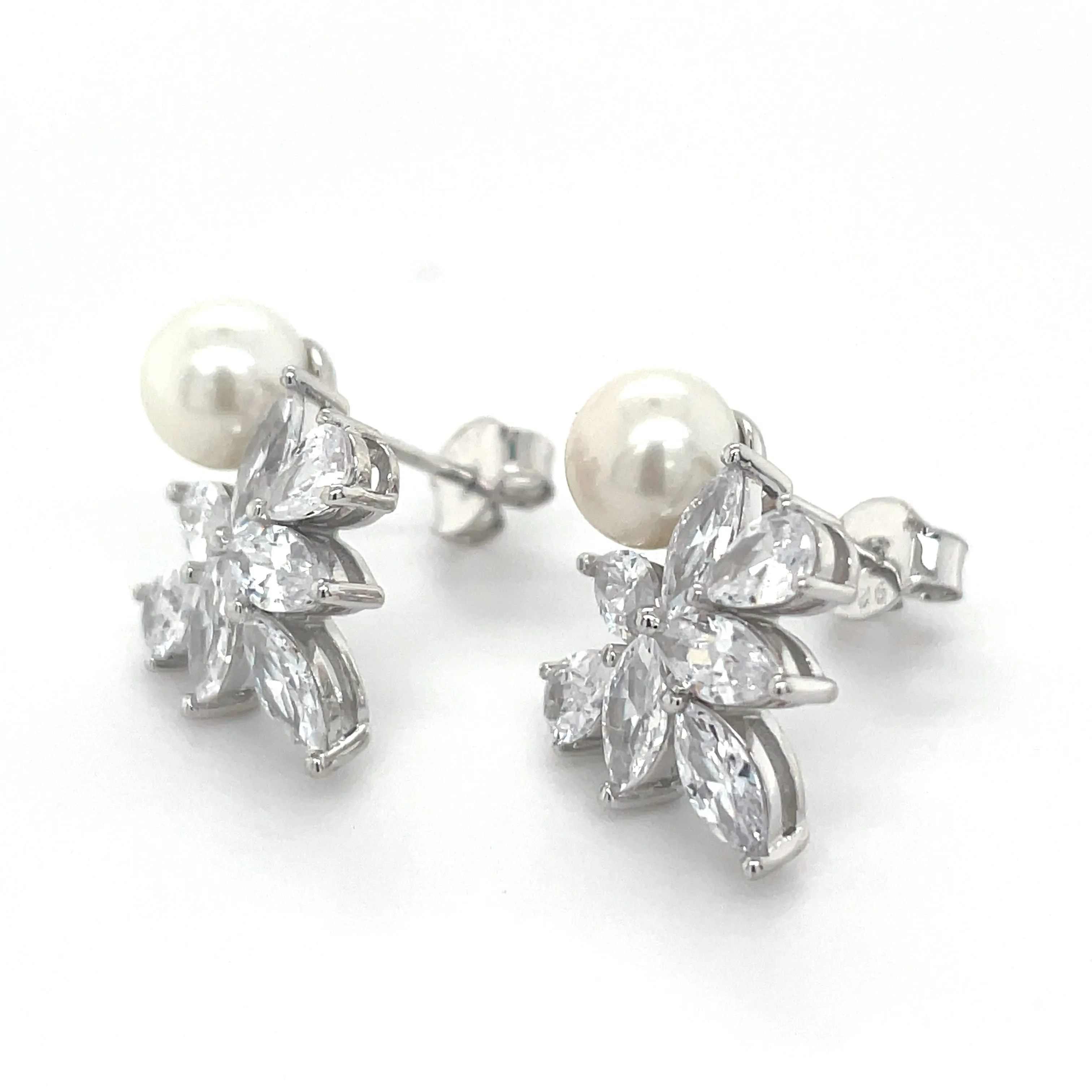 Sterling Silver Floral Cz & Pearl Earrings