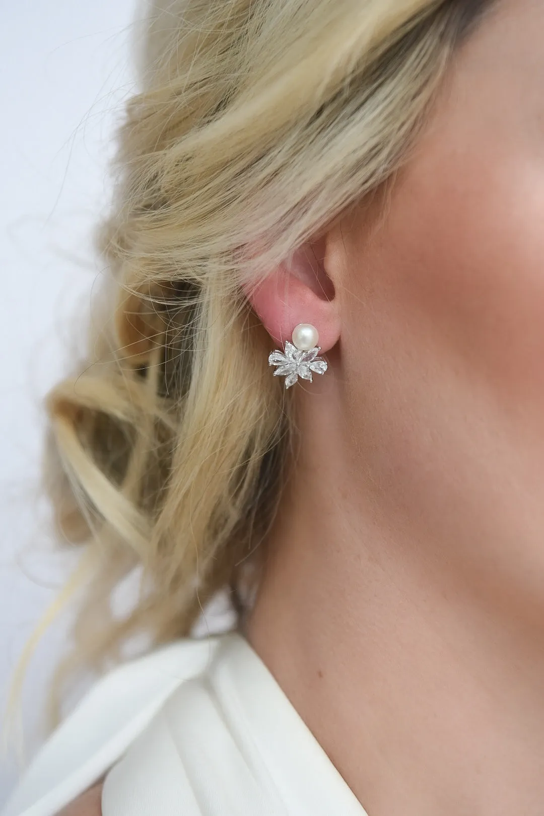 Sterling Silver Floral Cz & Pearl Earrings