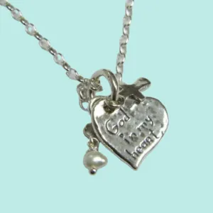 Sterling Silver necklace, heart & cross necklace,  "God in my Heart"  charms jewelry