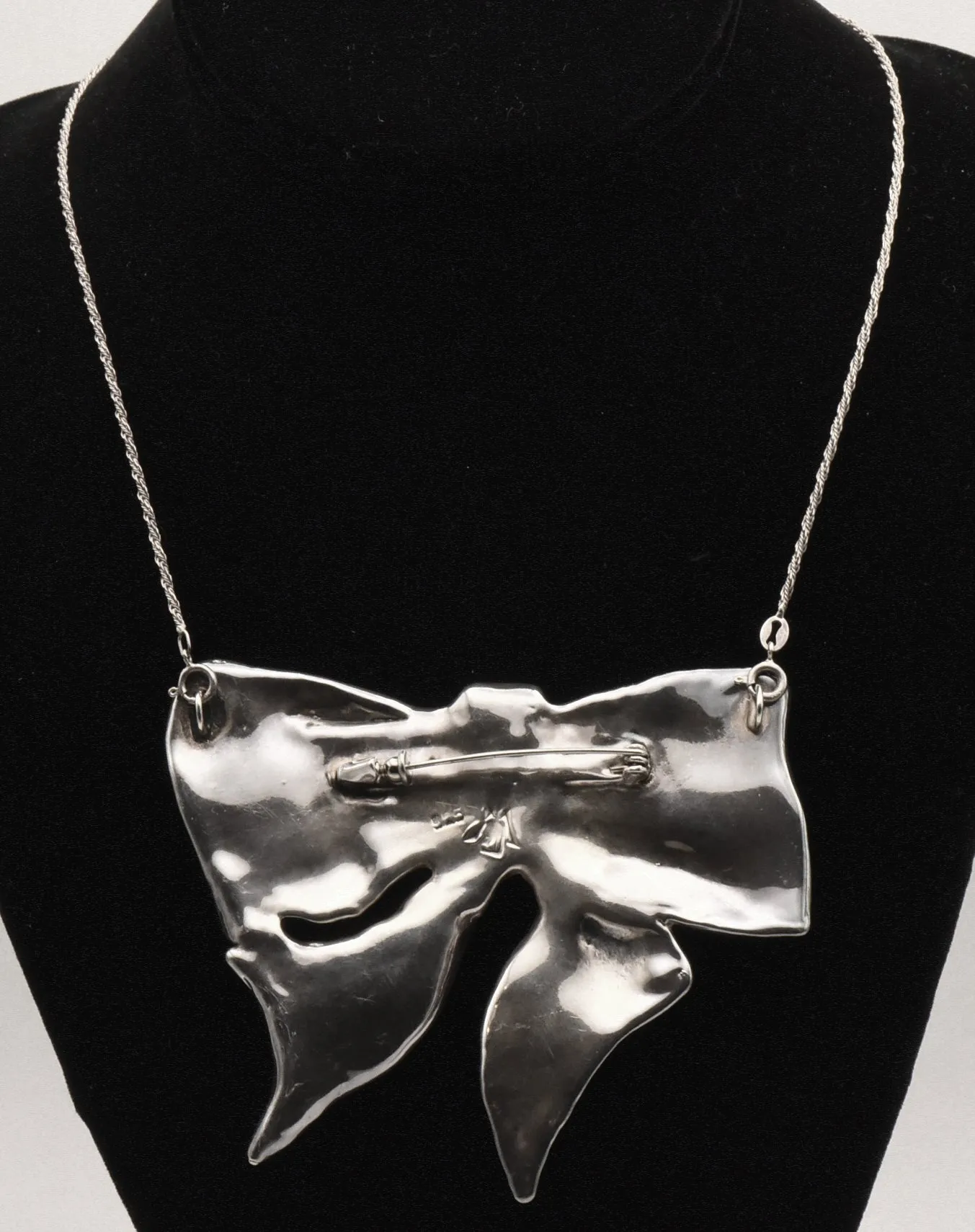 Stunning BIG! Vintage Sterling Silver Bow Pendant/Brooch on Sterling Silver Chain Necklace - 16.5"