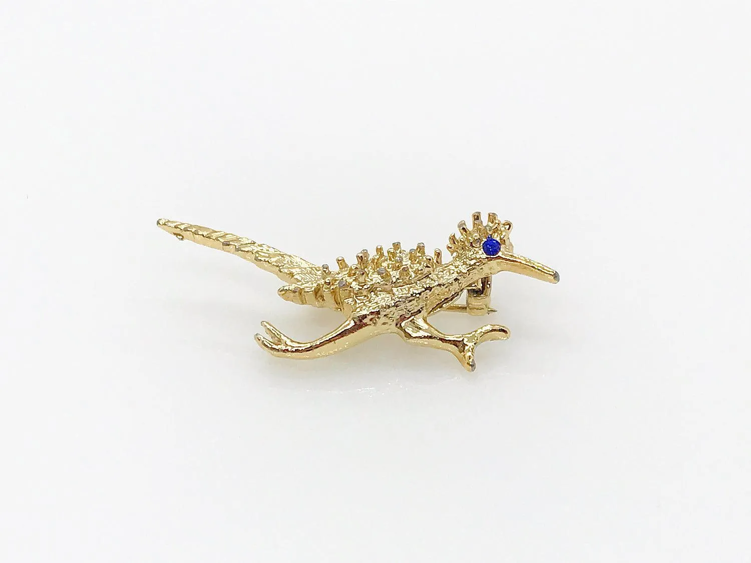 Textured Vintage Roadrunner Bird Brooch with Blue Eye