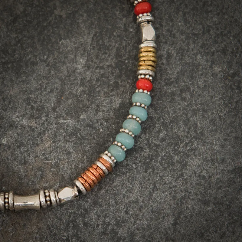 Turquoise, Amazonite and Coral Mixed Metals Bracelet