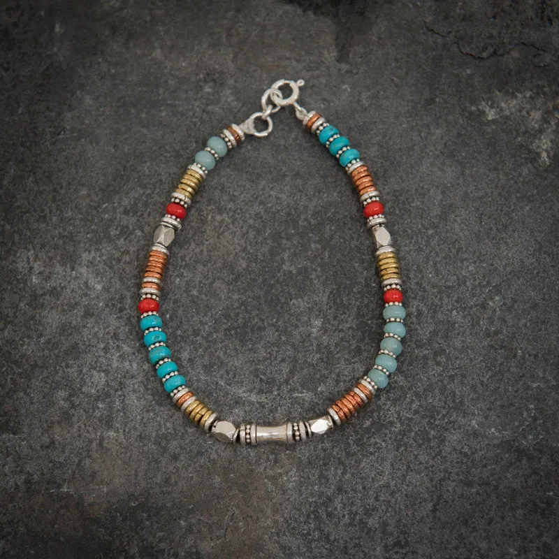 Turquoise, Amazonite and Coral Mixed Metals Bracelet