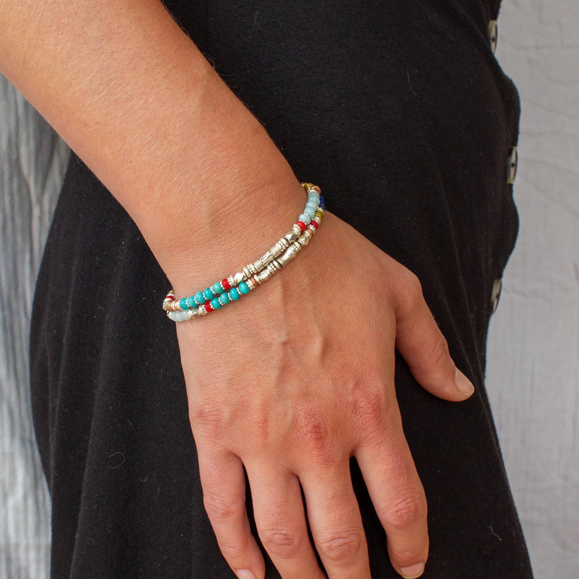 Turquoise, Amazonite and Coral Mixed Metals Bracelet