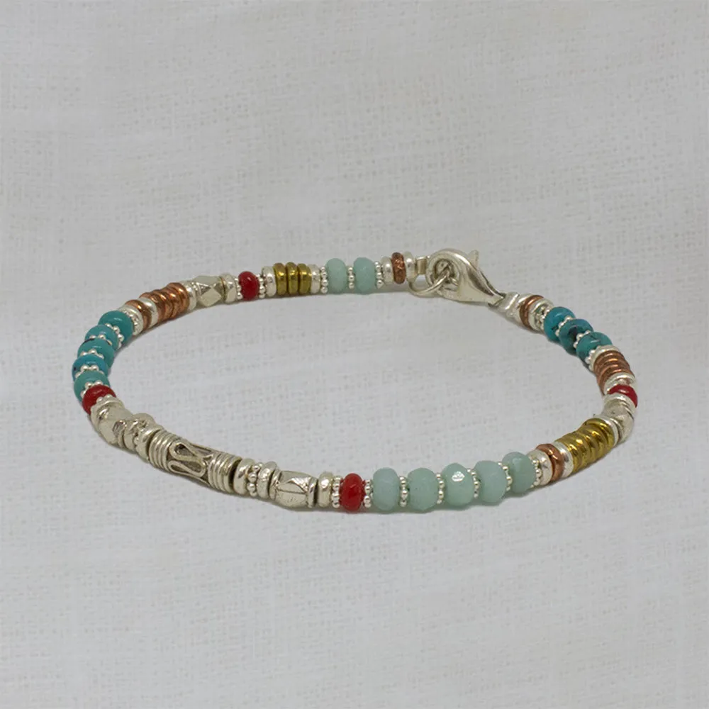 Turquoise, Amazonite and Coral Mixed Metals Bracelet