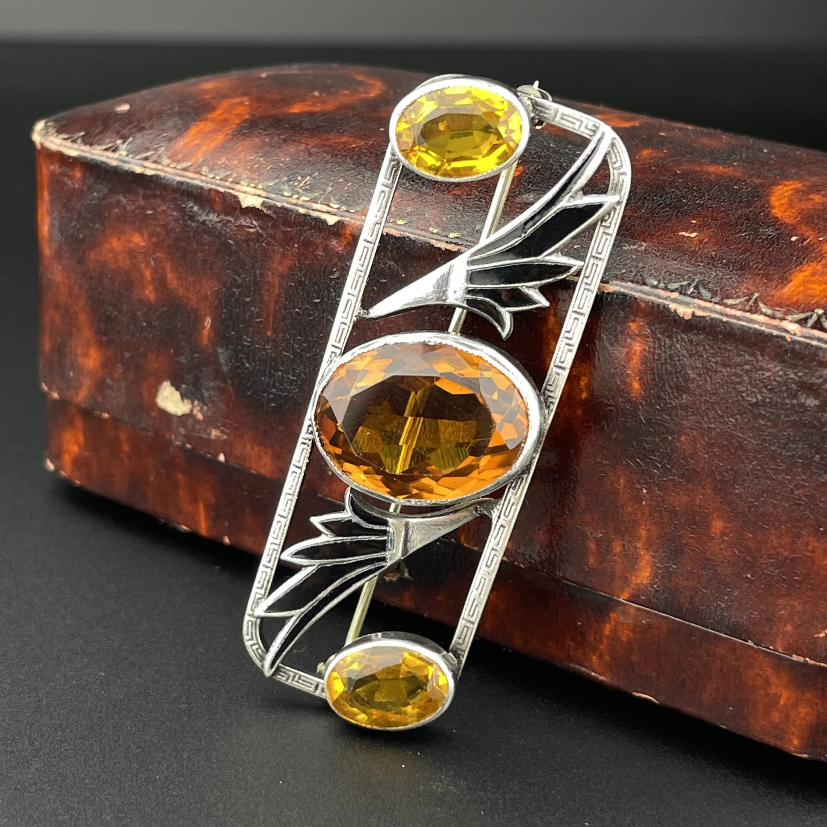 Vintage Art Deco Citrine Black Enamel Lotus Brooch