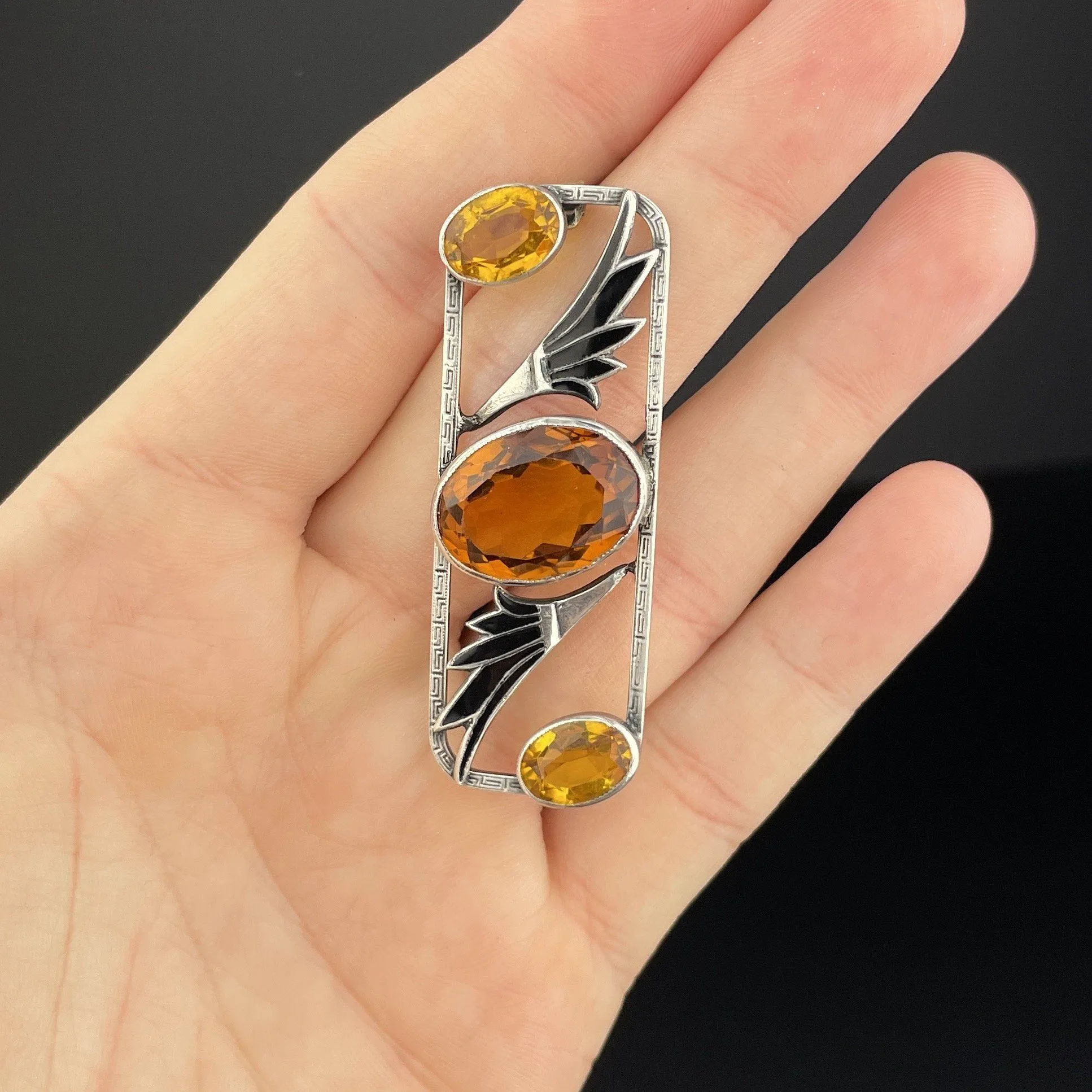 Vintage Art Deco Citrine Black Enamel Lotus Brooch