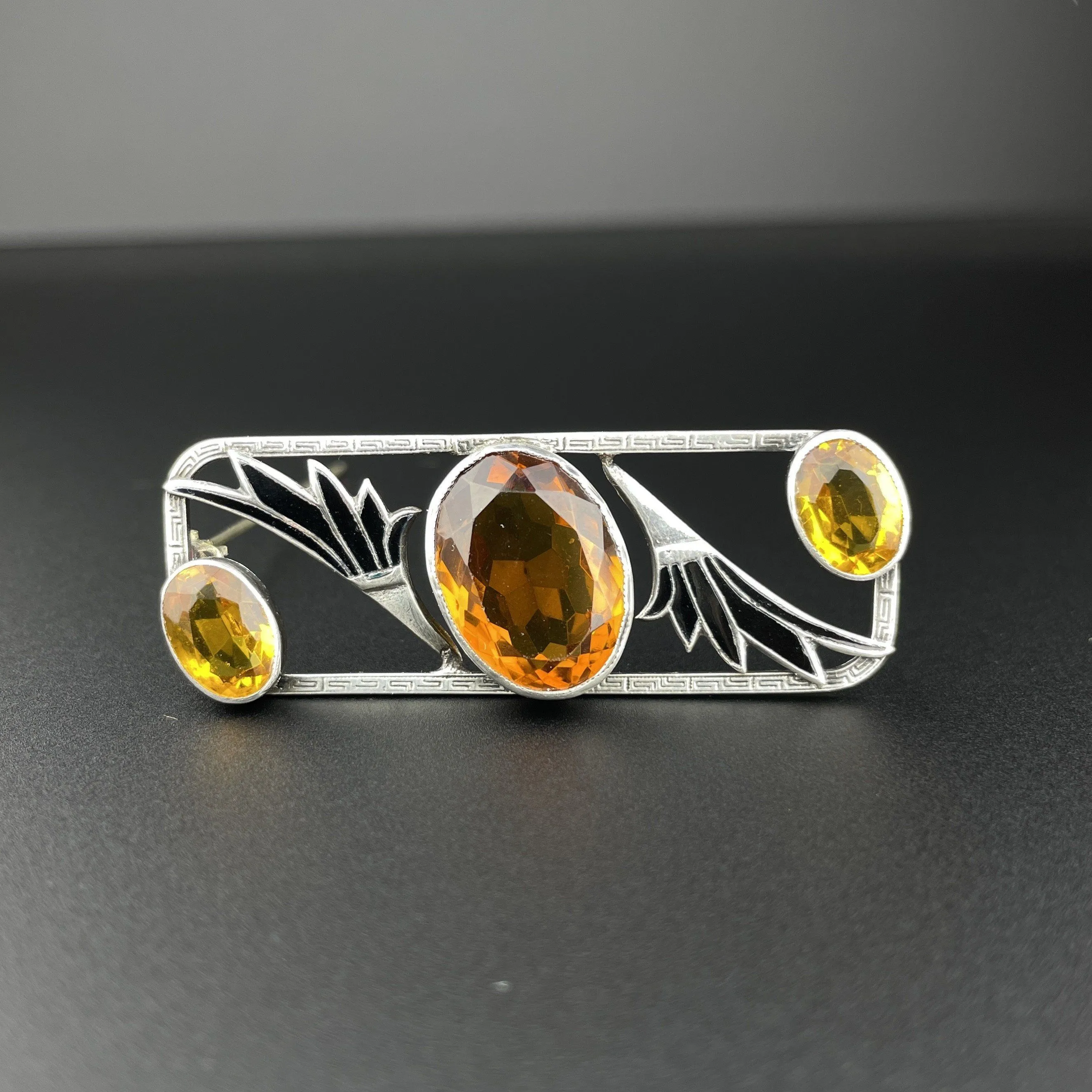 Vintage Art Deco Citrine Black Enamel Lotus Brooch