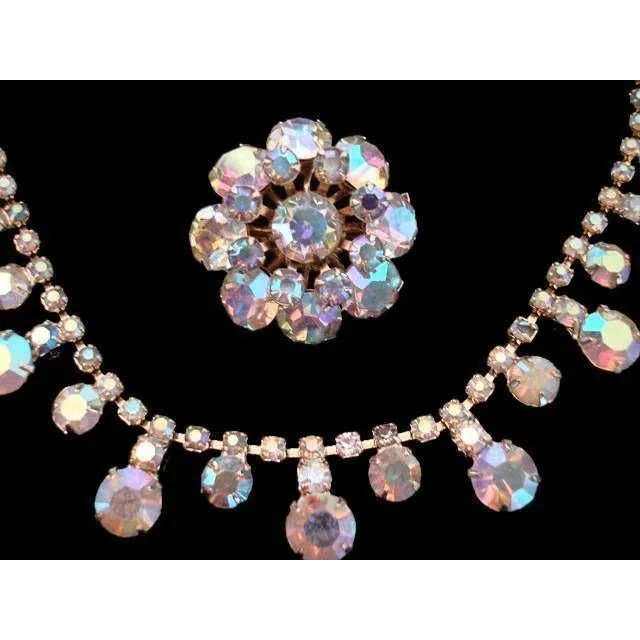 Vintage Aurora Borealis Rhinestone Necklace & Matching Brooch 1950S