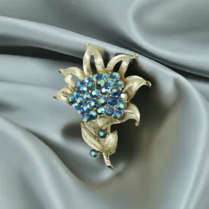 Vintage Coro Floral Brooch with Iridescent Blue Stones