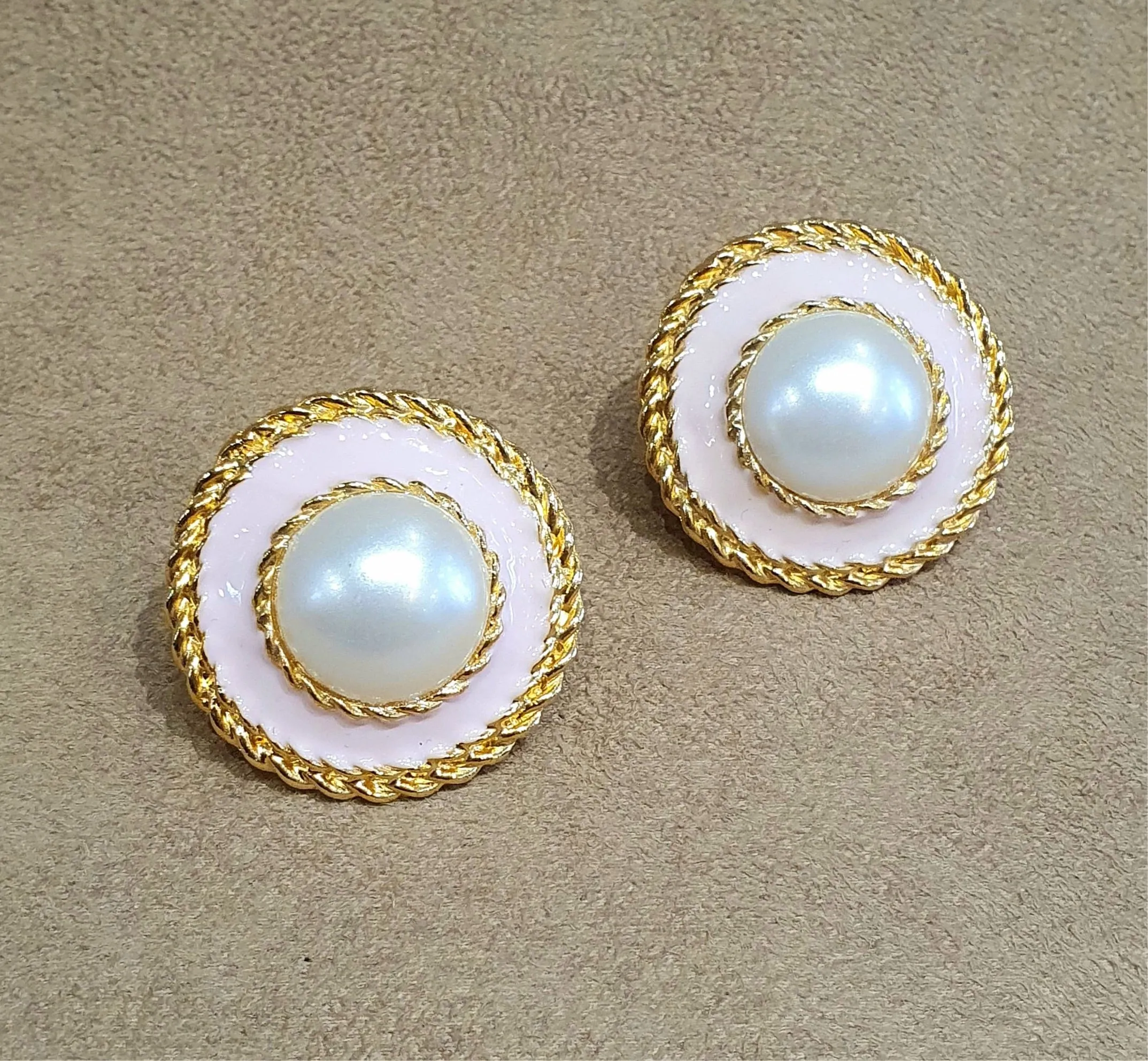 Vintage Pink Enamel Faux Pearl Clips on Earrings Gold Plated