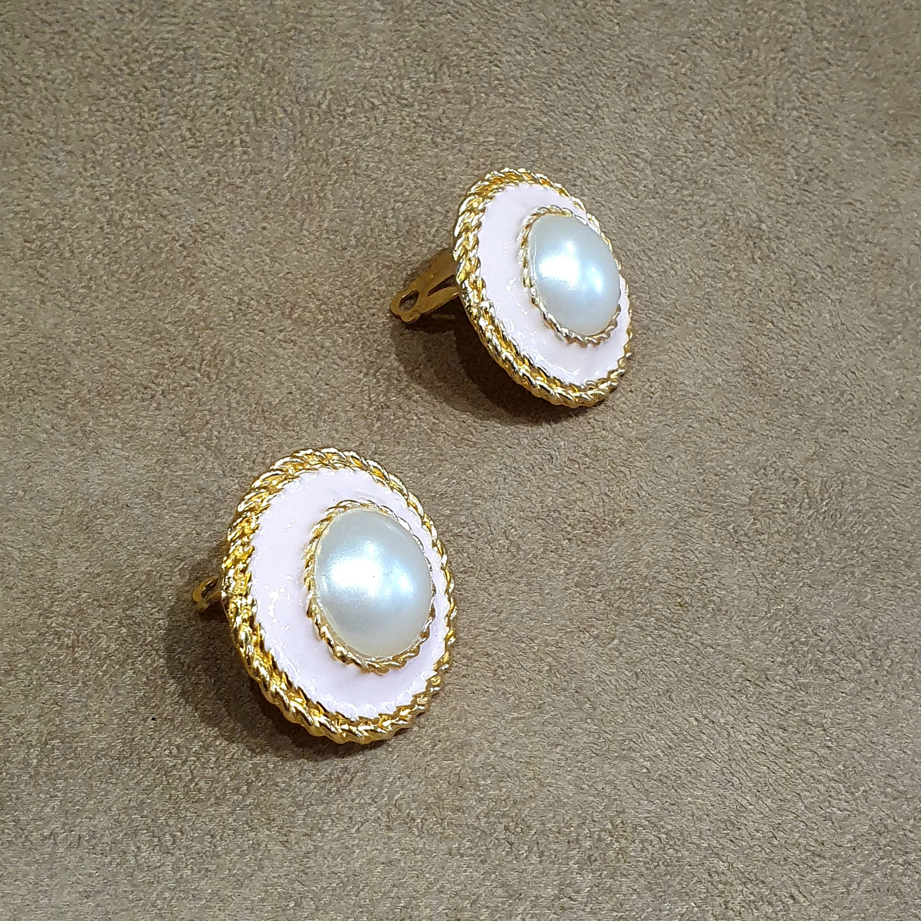 Vintage Pink Enamel Faux Pearl Clips on Earrings Gold Plated