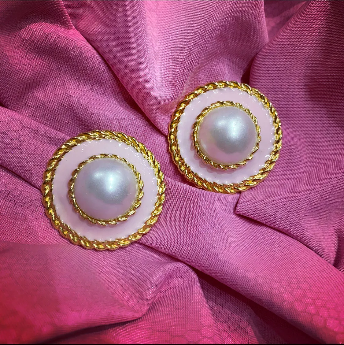 Vintage Pink Enamel Faux Pearl Clips on Earrings Gold Plated