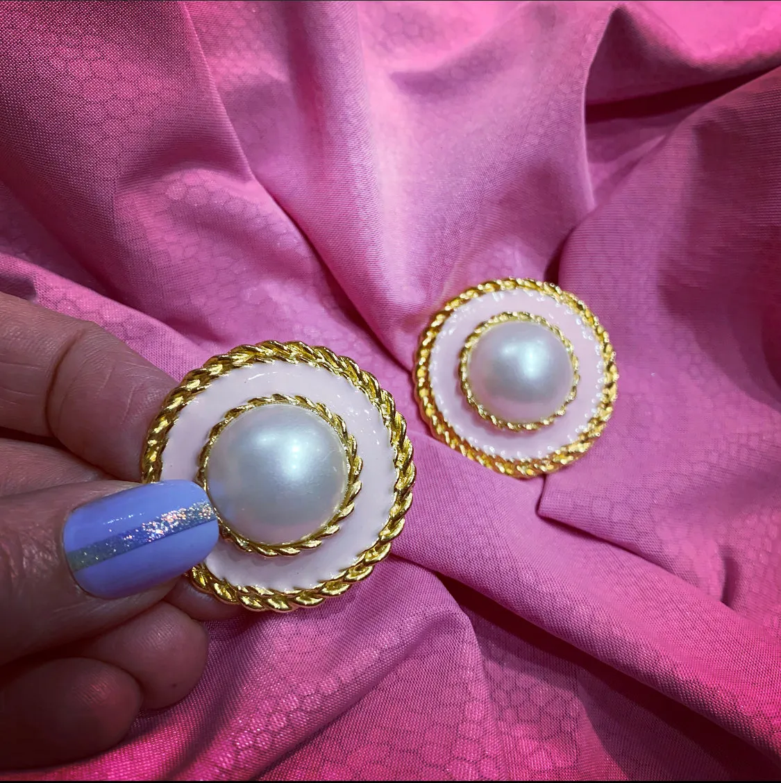 Vintage Pink Enamel Faux Pearl Clips on Earrings Gold Plated