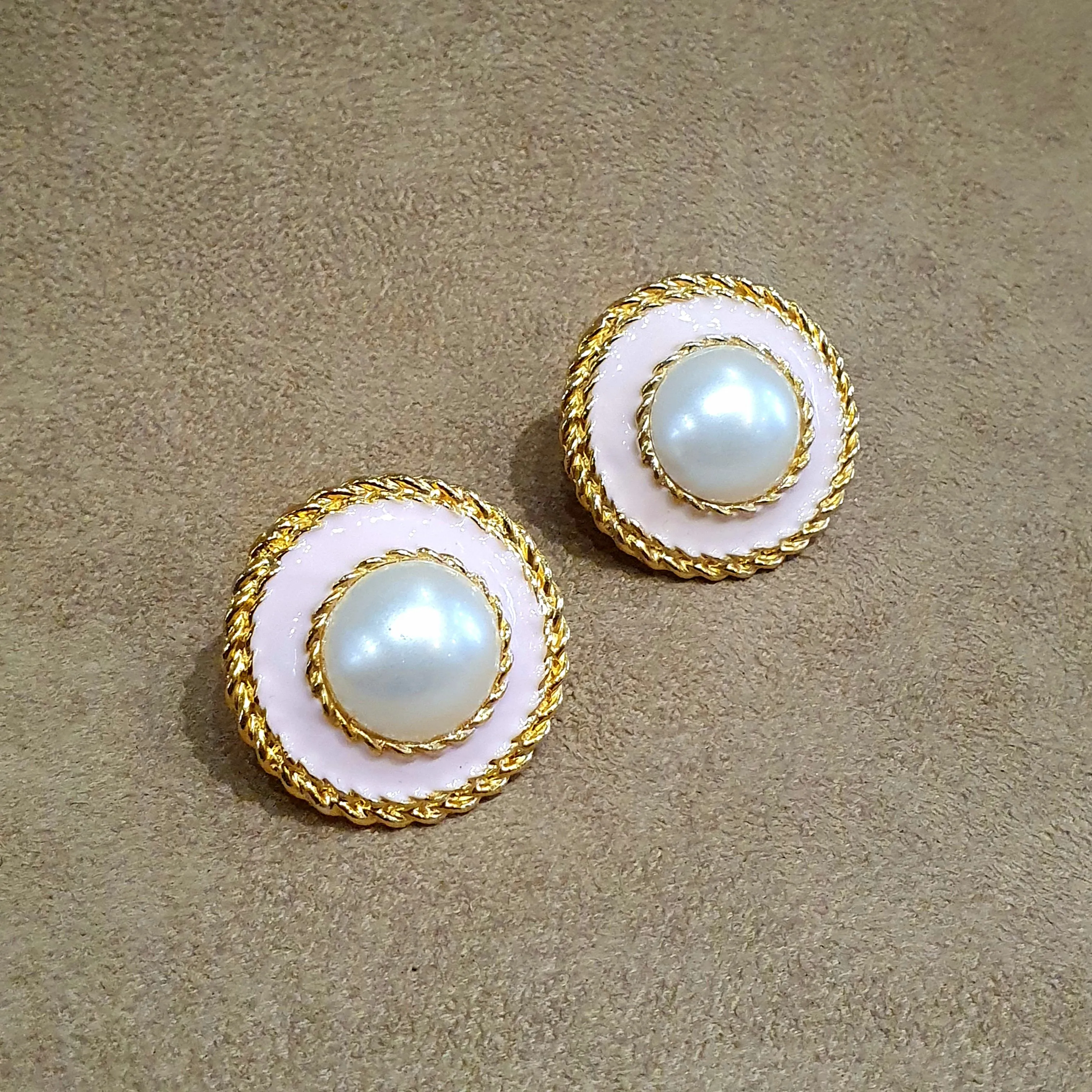 Vintage Pink Enamel Faux Pearl Clips on Earrings Gold Plated