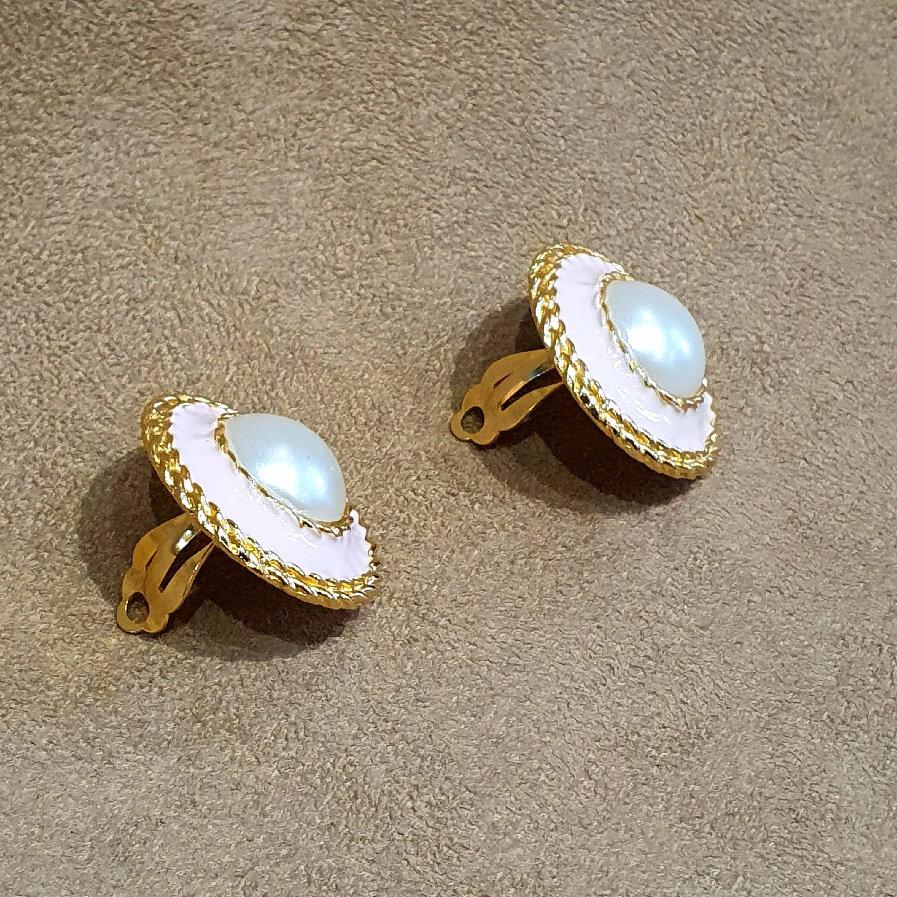 Vintage Pink Enamel Faux Pearl Clips on Earrings Gold Plated