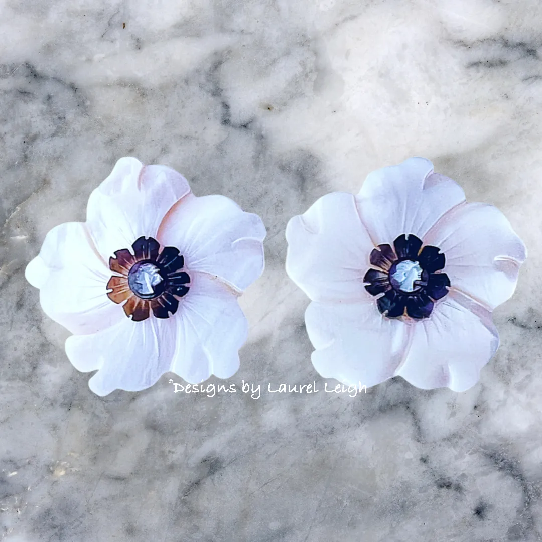 White & Silver Cameo Pearl Flower Earrings