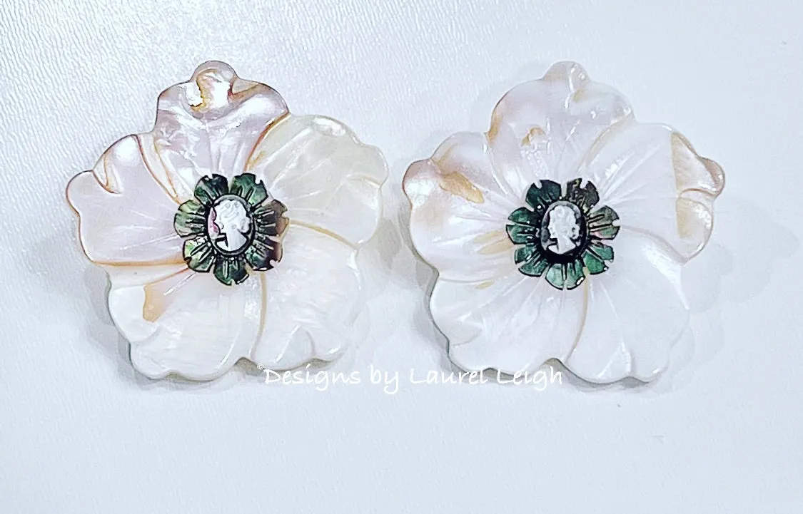 White & Silver Cameo Pearl Flower Earrings